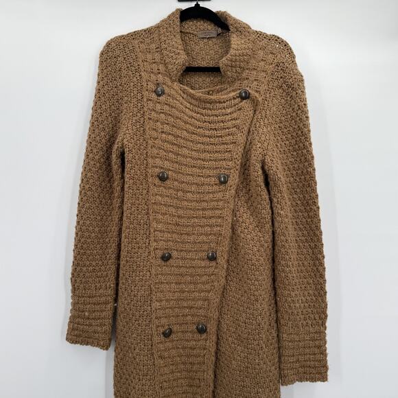 Cortefiel Sweater Coat Womens Large Brown Knit Double Breasted Button Wool Blend - Picture 2 of 12